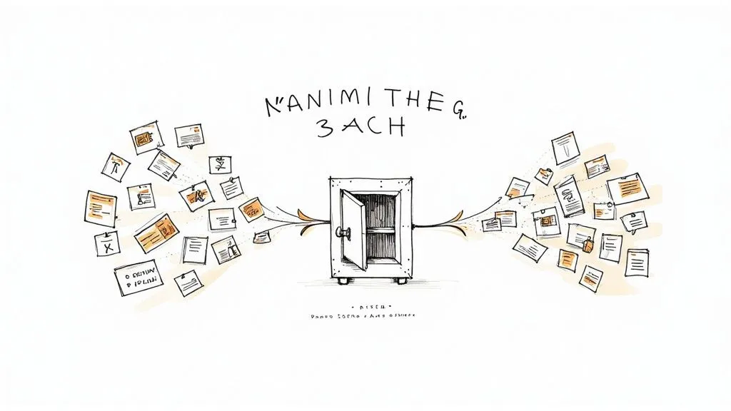 Whimsical drawing of an open safe spewing numerous documents and papers, symbolizing information flow.