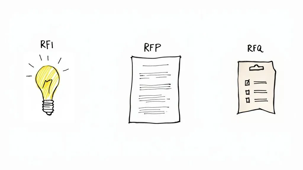 Three hand-drawn illustrations representing RFI (lightbulb), RFP (document), and RFQ (checklist) on a white background, explaining procurement processes.