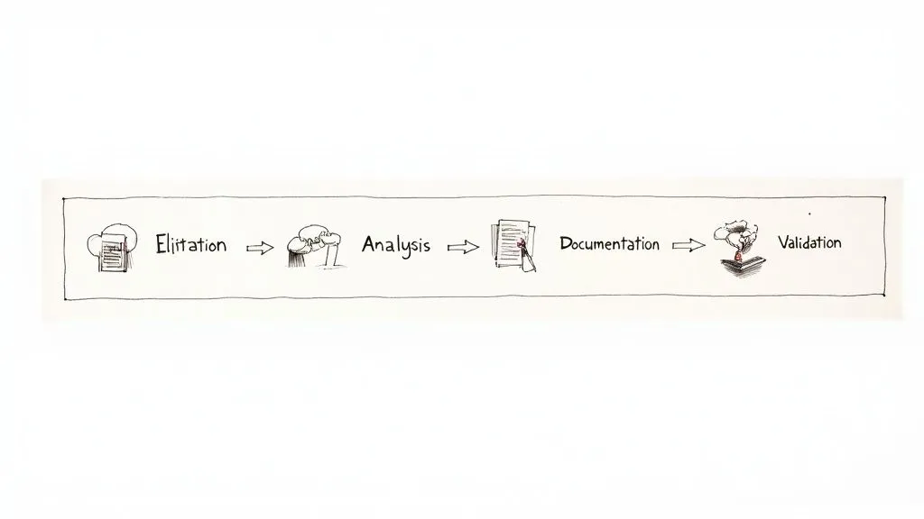 Business process workflow diagram showing four stages: elicitation, analysis, documentation, and validation with illustrated icons