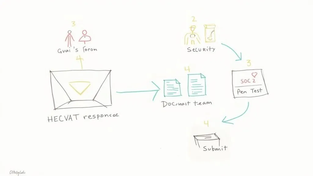 A hand-drawn flowchart illustrating the HECVAT response process, involving security, documentation, SOC 2, and submission.