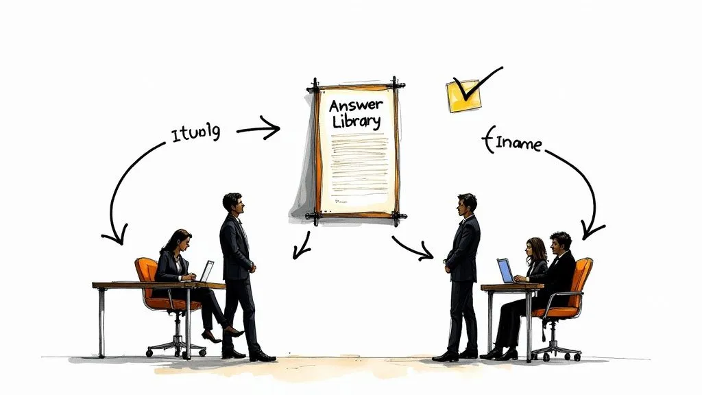 A team of professionals collaborating around a table with laptops and documents, effectively responding to a DDQ.