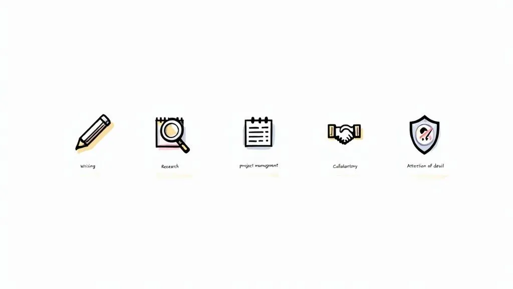 Five illustrated icons representing writing, research, project management, collaboration, and attention to detail skills.