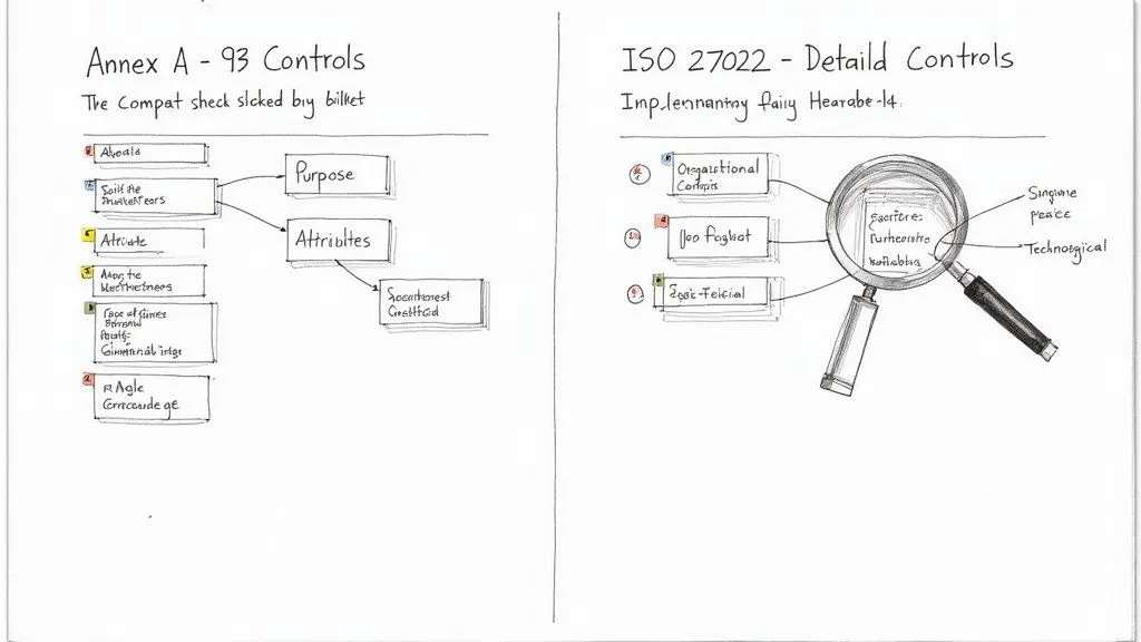 Handwritten diagram illustrating Annex A and ISO 27022 controls, attributes, and detailed concepts.