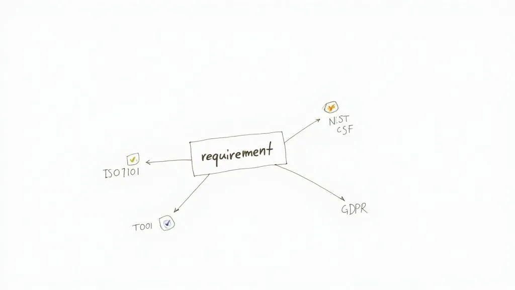 Hand-drawn diagram showing requirement mapped to ISO T101, NIST CSF, TOO1, and GDPR standards