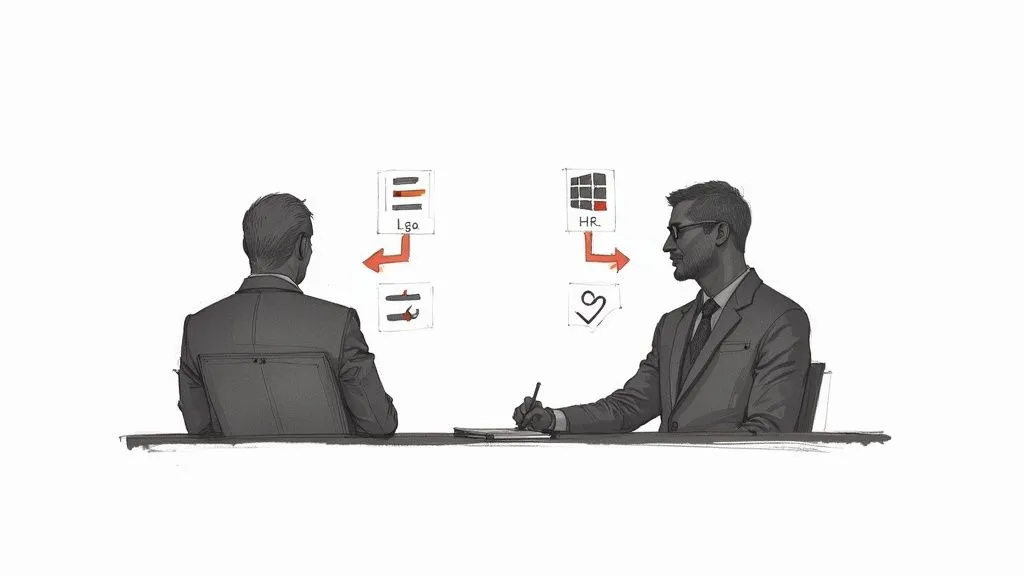 Two businessmen discuss legal and HR matters in a meeting, depicted with overhead diagrams.