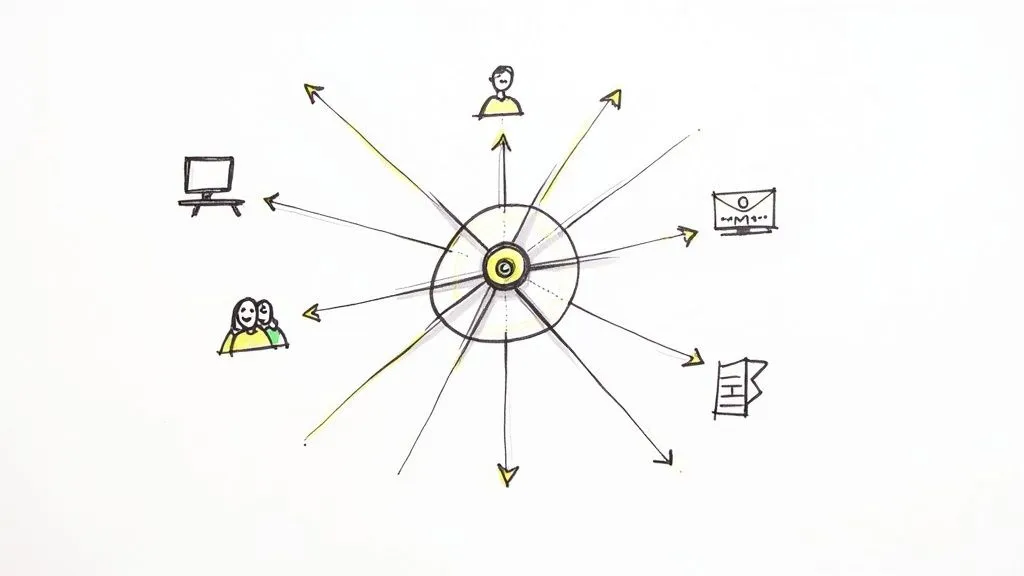 A hand-drawn diagram showing a central hub with radiating lines connecting to various entities.