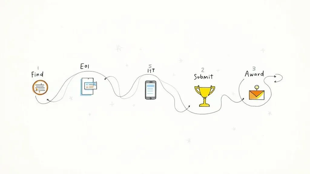 A person marking milestones on a winding road map, symbolising the tendering journey.