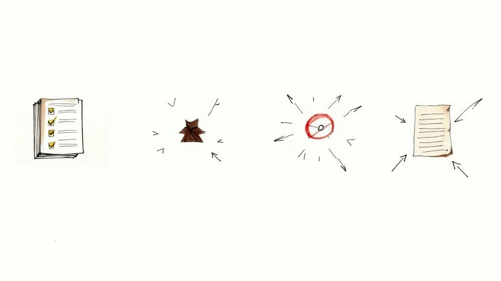 Hand-drawn icons showing a checklist, a worker, a target, and a document, illustrating a workflow.