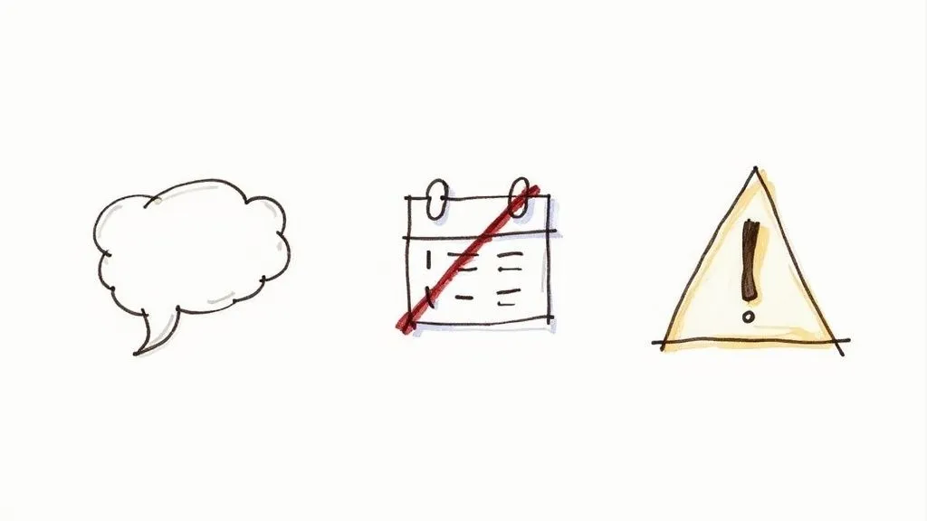 Hand-drawn icons: a speech bubble, a crossed-out calendar, and a warning sign.