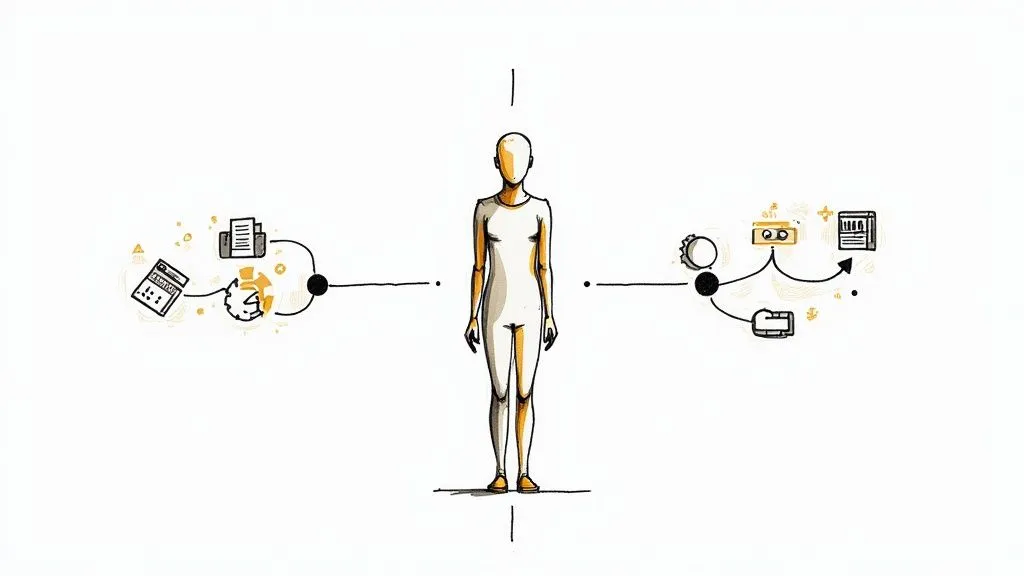 Human figure with highlighted body parts connected to procurement documents and technology devices illustration