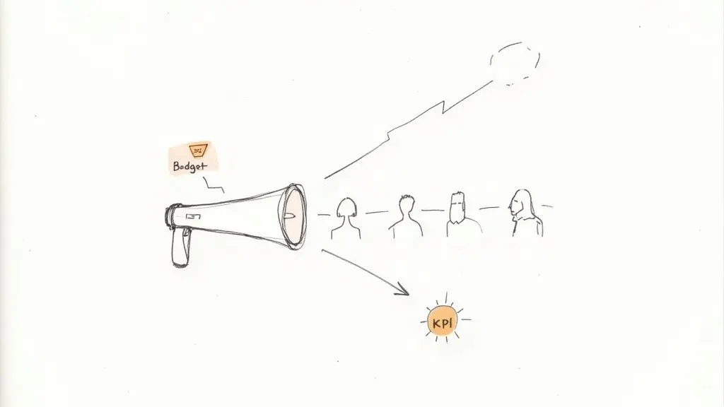 Hand-drawn sketch: a megaphone with a 'Budget' label directs sound towards people, leading to a 'KPI' metric.