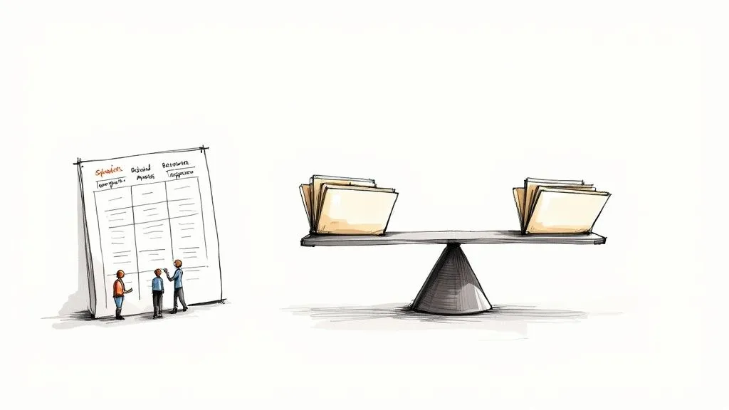 Three people analyze a large chart with text, next to a perfectly balanced scale holding document folders.