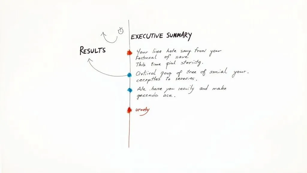 A handwritten executive summary with a timeline, bullet points, and a 'Results' annotation.