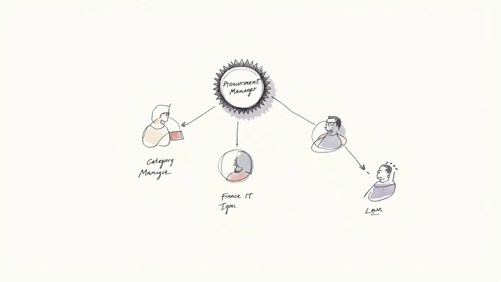 A team of professionals collaborating around a table, illustrating the different roles working together in the procurement process.