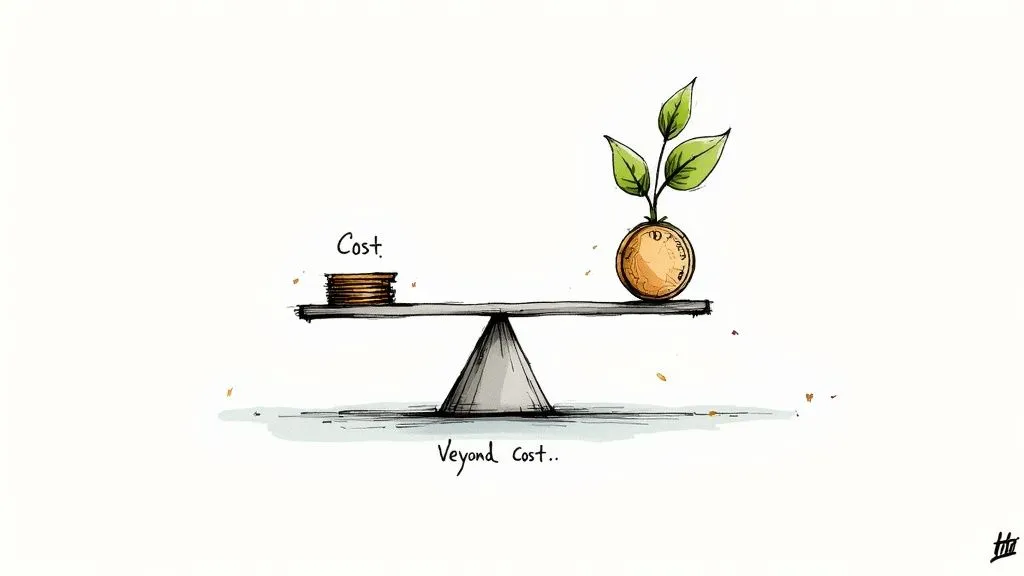 Balance scale weighing coins labeled cost against growing plant representing value beyond cost