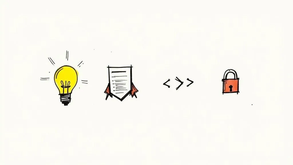 A hand-drawn lightbulb, checklist document, and padlock, symbolizing the protection of ideas.