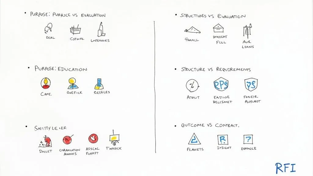 Hand-drawn conceptual diagram illustrating categories like purpose, structures, and outcomes with various icons and labels, including 'RFI'.