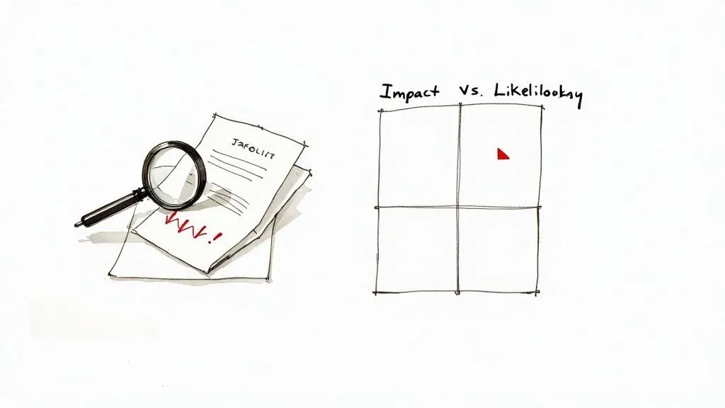 A person using a magnifying glass to inspect a digital risk meter, symbolising the identification of vendor risks.