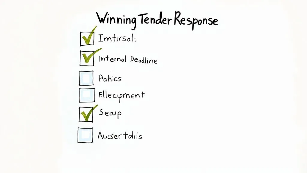 A team strategically planning their tender response around a blueprint.