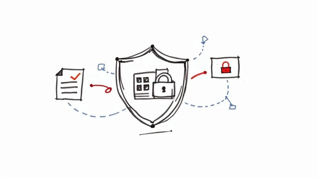 Shield icon with building and padlock symbols illustrating security in procurement management processes