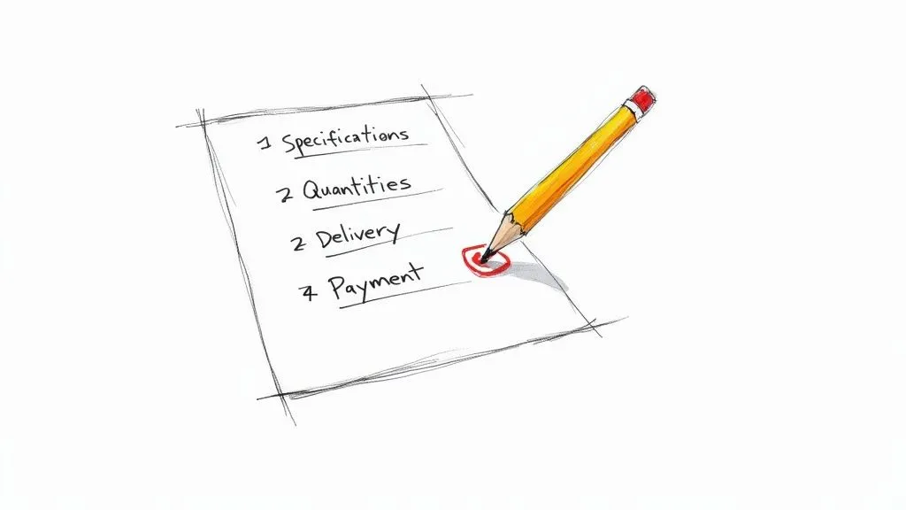 A yellow pencil circles 'Payment' on a hand-drawn list of business specifications.