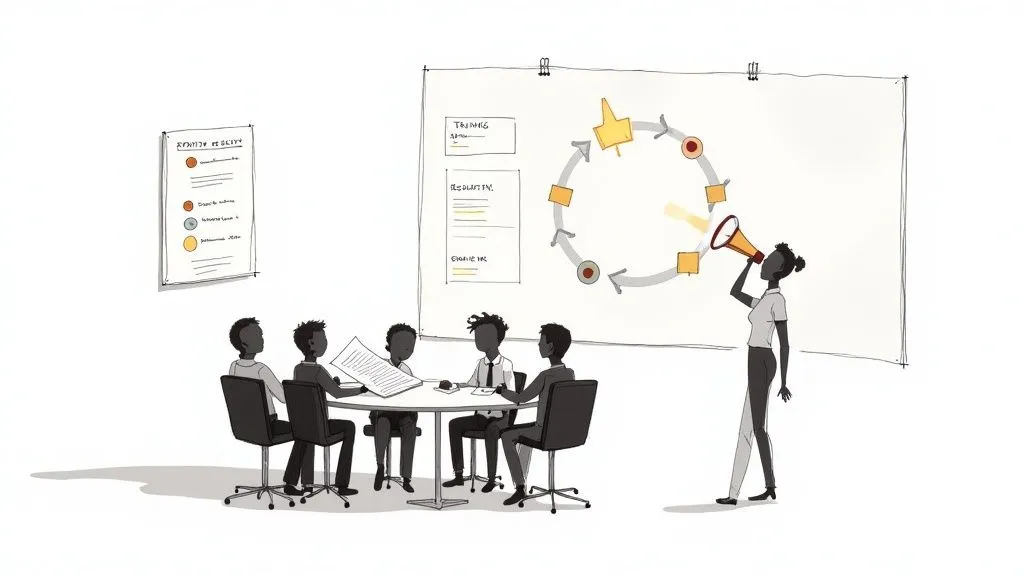 A group of diverse colleagues in a bright office collaborating on a document, illustrating the successful rollout and integration of a new policy.