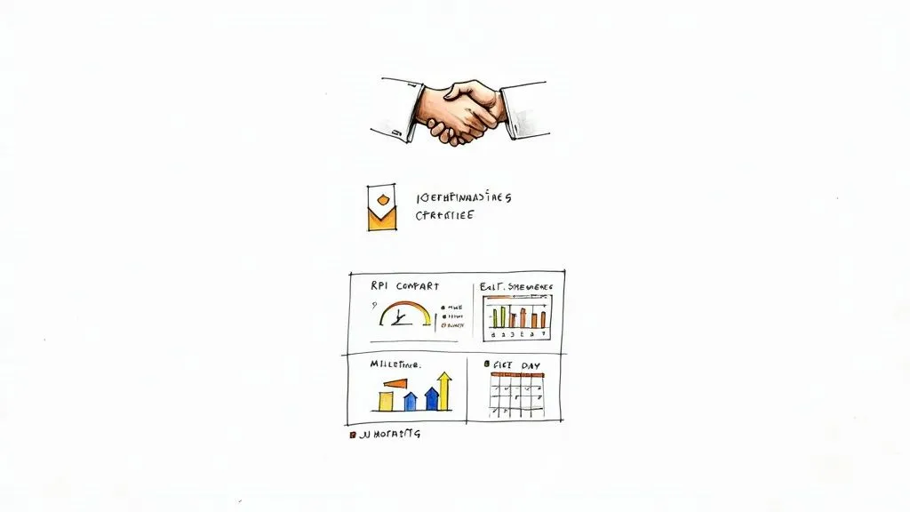 Hand-drawn illustrations show a business handshake, various data charts, and a calendar, representing planning and partnership.