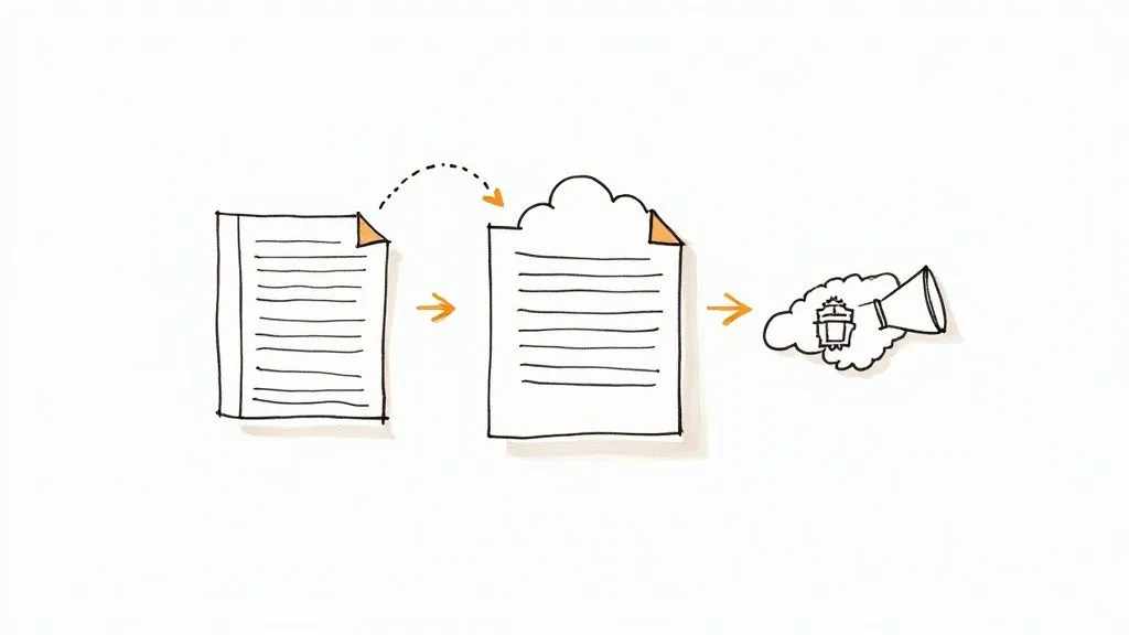 An illustrated icon showing a document transforming into a cog, representing a policy becoming an active, automated asset.