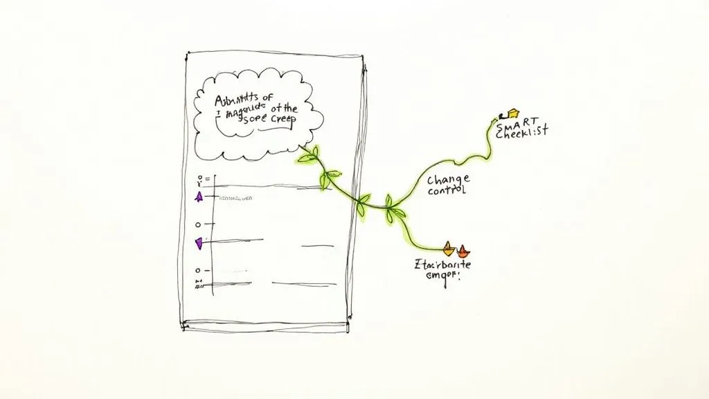 Hand-drawn sketch of a business requirements document with growth vine connecting to smart checklist and change control