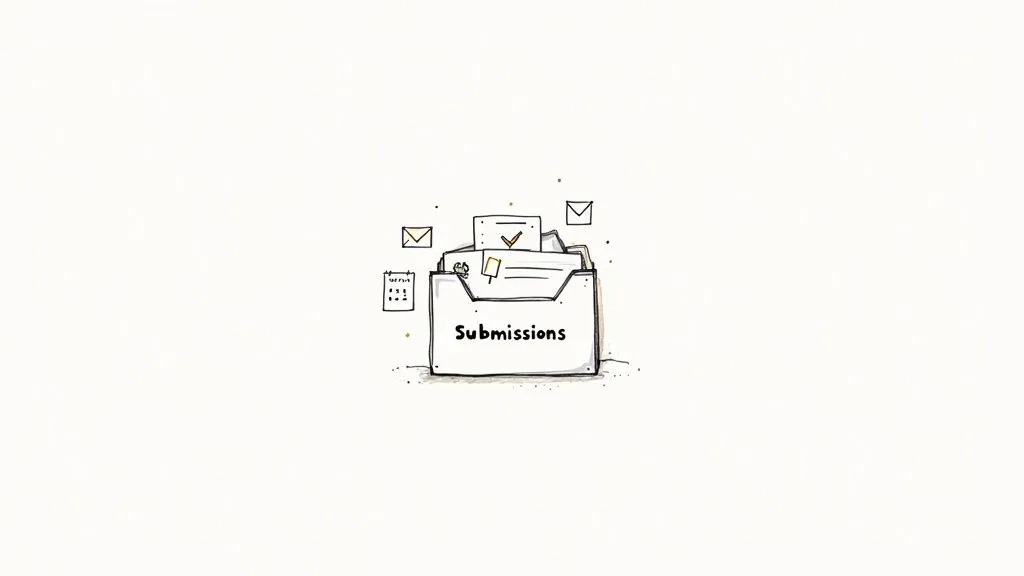 An illustration of a file box labeled 'Submissions' with documents, emails, a calendar, and a checkmark.