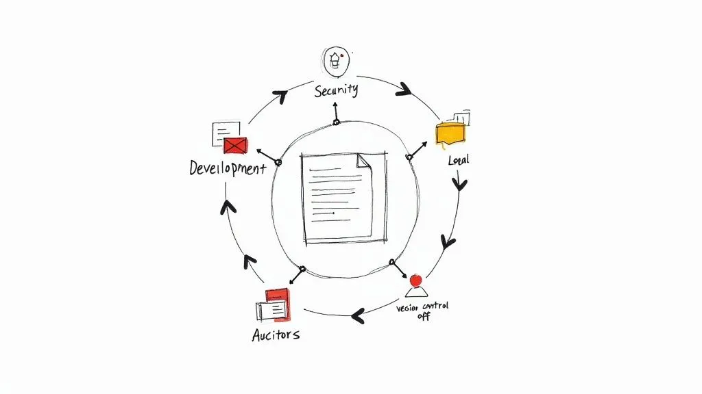Circular workflow diagram showing security, development, legal, and auditors collaborating on document requirements