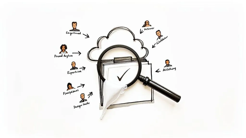 Illustrated diagram of people interacting with cloud-based documents, a magnifying glass, and a checkmark.