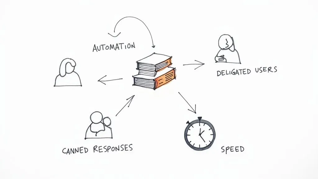 Hand-drawn diagram showing a central stack of books connected to automation, users, responses, and speed.