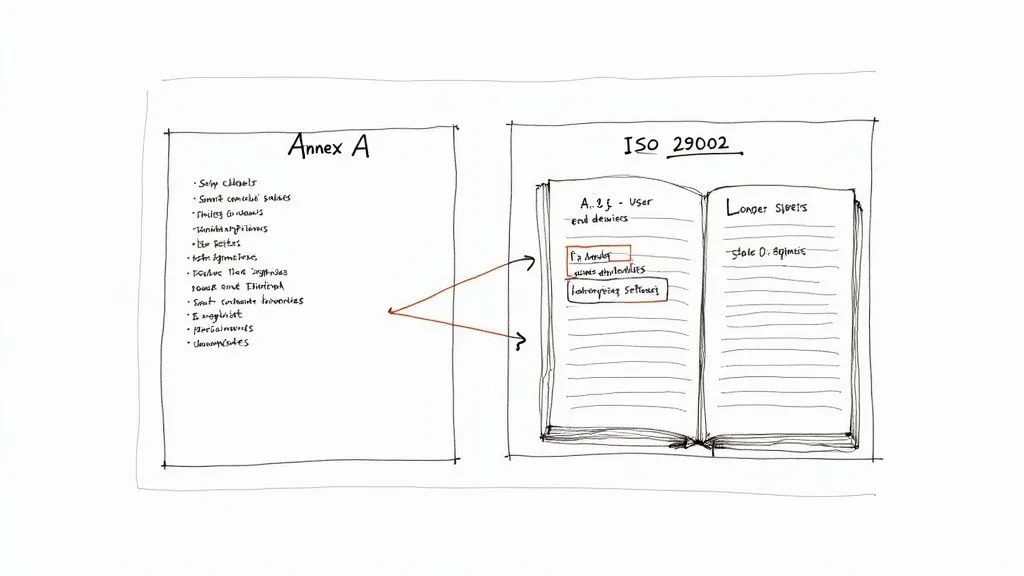 A handwritten diagram illustrating the relationship and mapping of points from Annex A to sections within the ISO 29002 document.