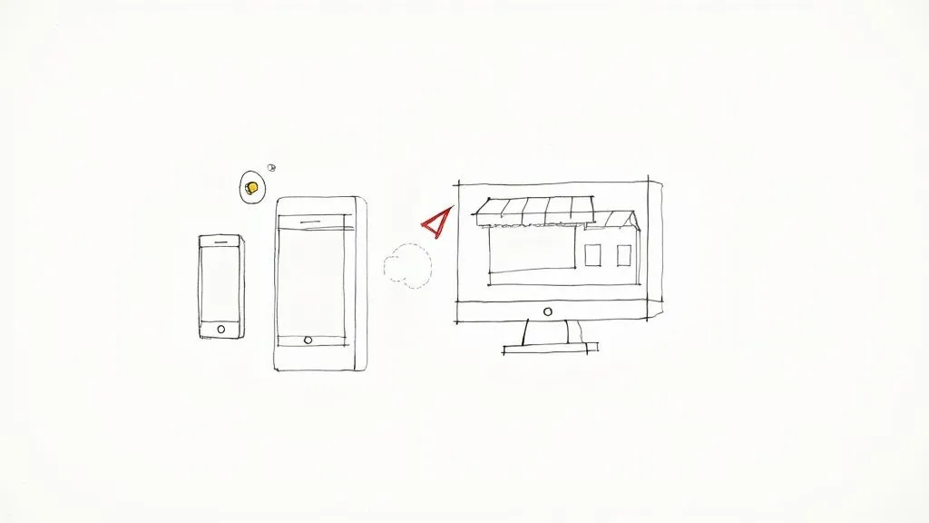 Line drawing illustrating digital devices, a notification, and data exchange with a computer showing a storefront.