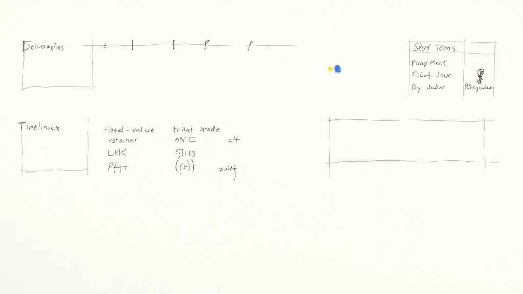 A handwritten sketch outlining a business proposal with sections for deliverables, timelines, and short terms.