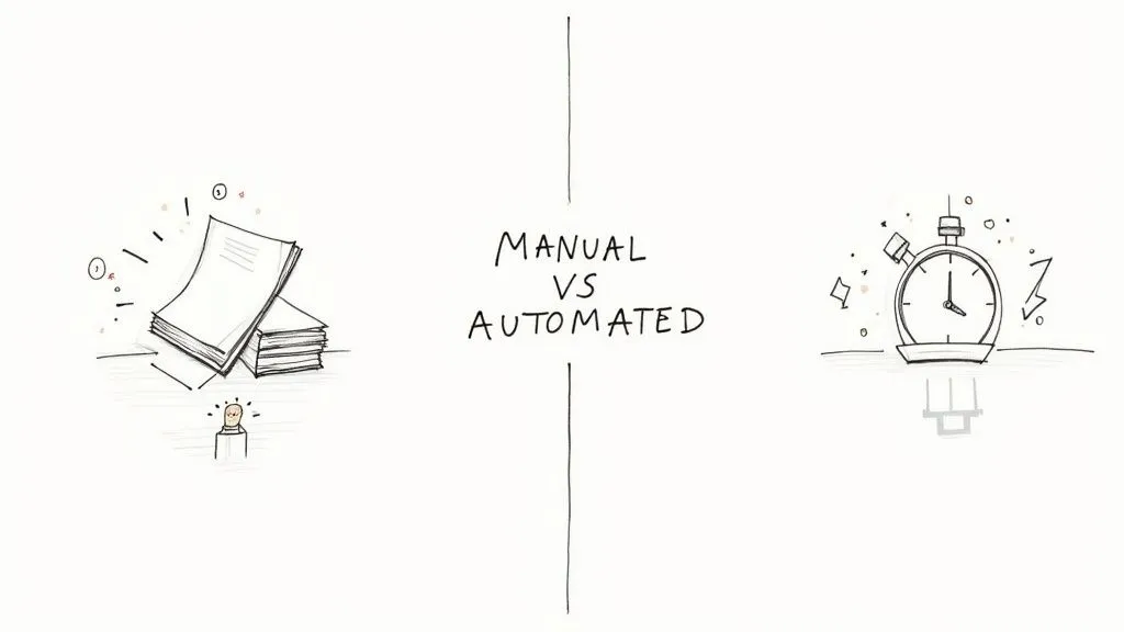 A drawing comparing manual processes with stacks of papers and human effort, against automated processes represented by a stopwatch.