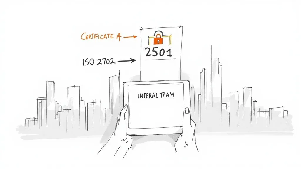 Sketch showing ISO 2702 and Certificate A leading to a secured document, with 'INTERAL TEAM' on a tablet.