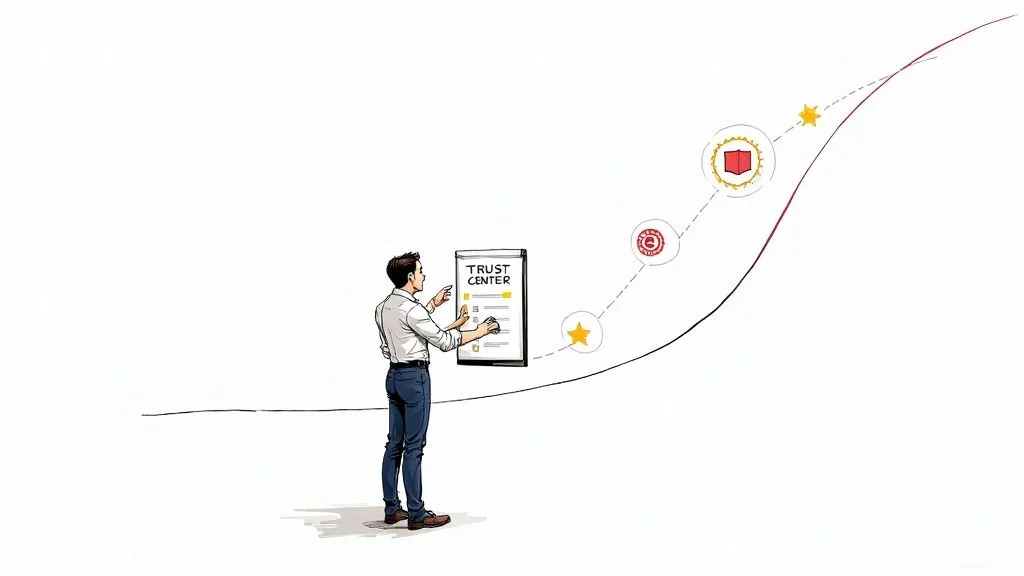 A salesperson confidently shaking hands with a client across a modern office desk.