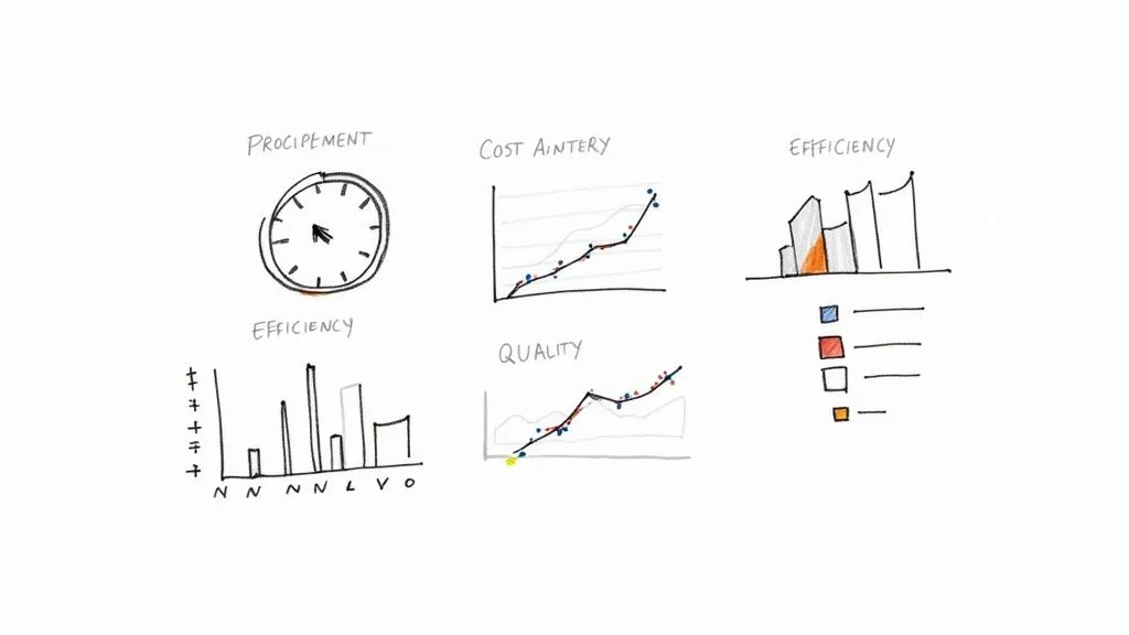 Hand-drawn sketches illustrating business metrics such as procurement, cost, efficiency, and quality with various charts and a clock.