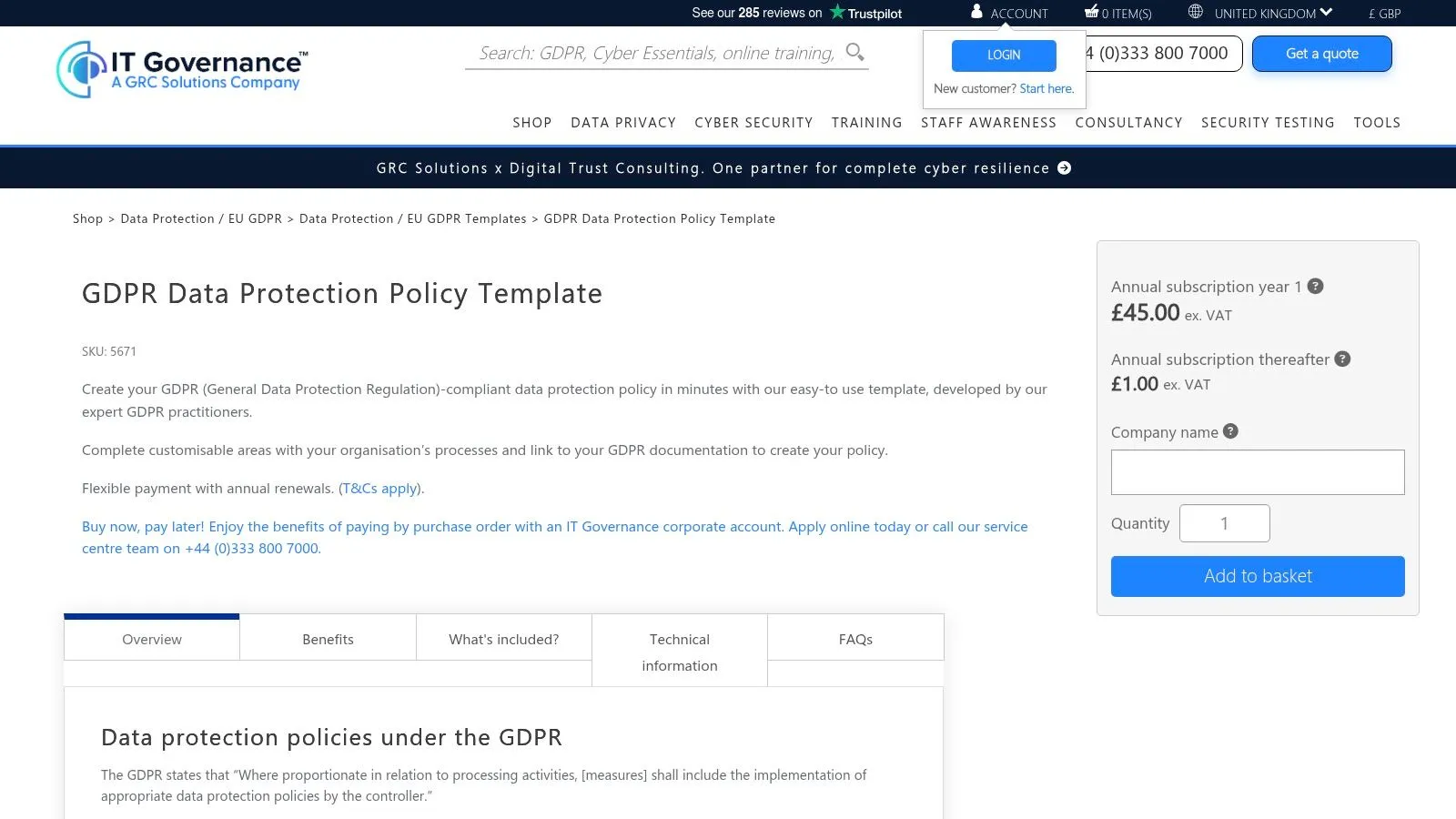 IT Governance UK's GDPR Data Protection Policy Template page.