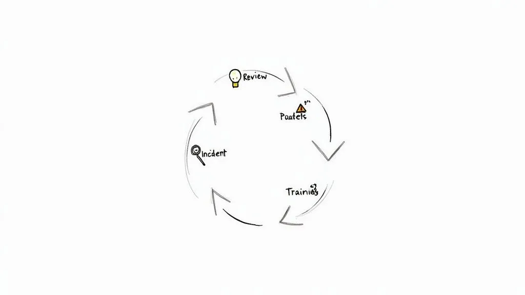 A cycle diagram showing the stages of policy review, update, and training.