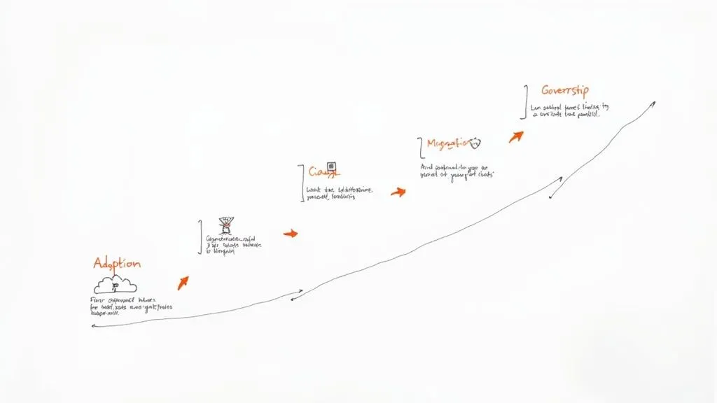 A group of colleagues collaborating around a table, mapping out a project plan with sticky notes.