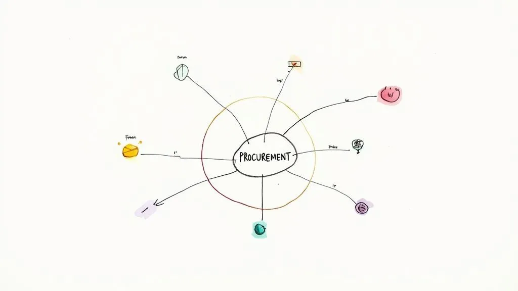 Hand-drawn mind map diagram illustrating procurement concept with colorful icons and connecting branches
