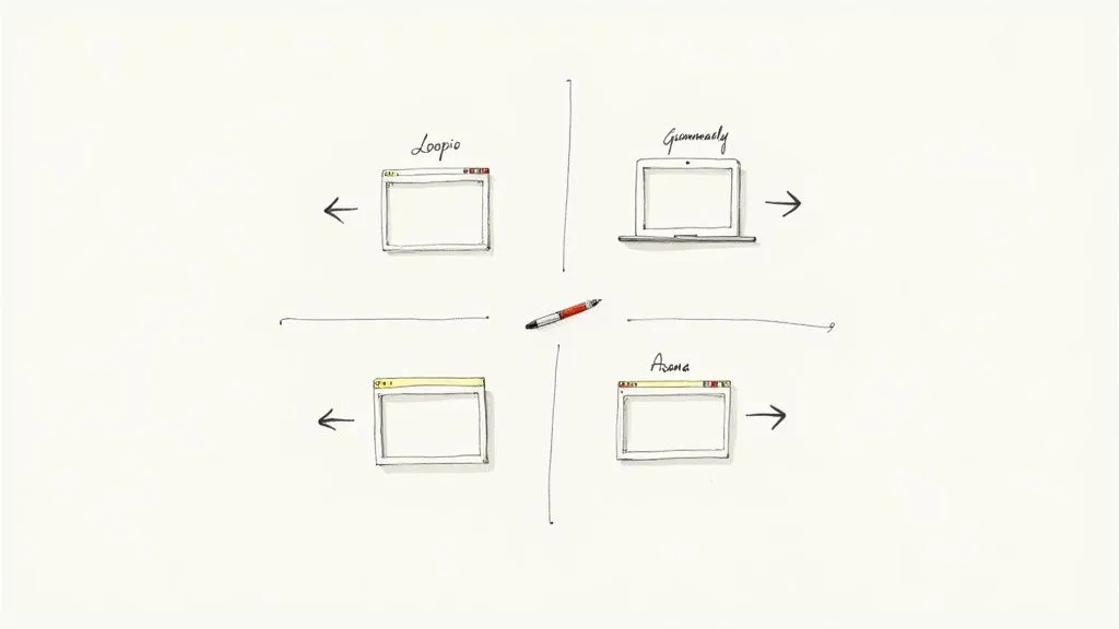 Conceptual sketch illustrating Loopio, Grammarly, and Asana software tools, with a pen in the middle.
