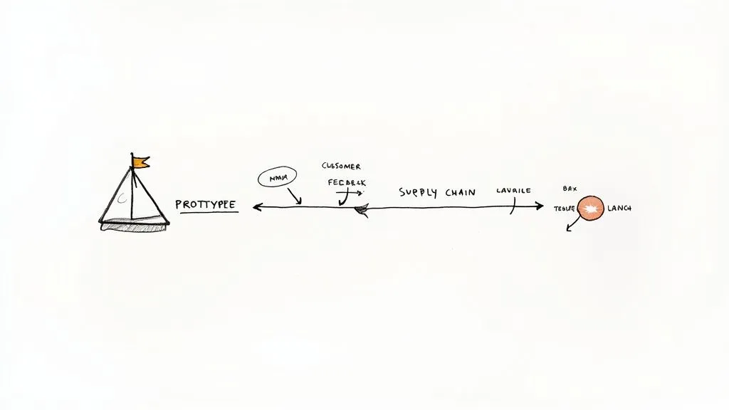 Hand-drawn diagram illustrating a product development feedback loop, from launch to prototype through supply chain.