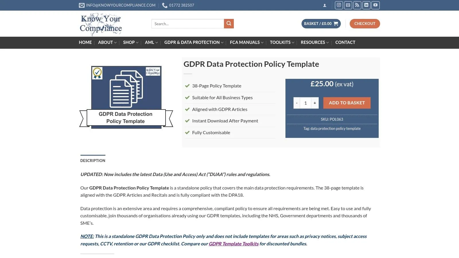 KnowYourCompliance's data protection policy template product page.