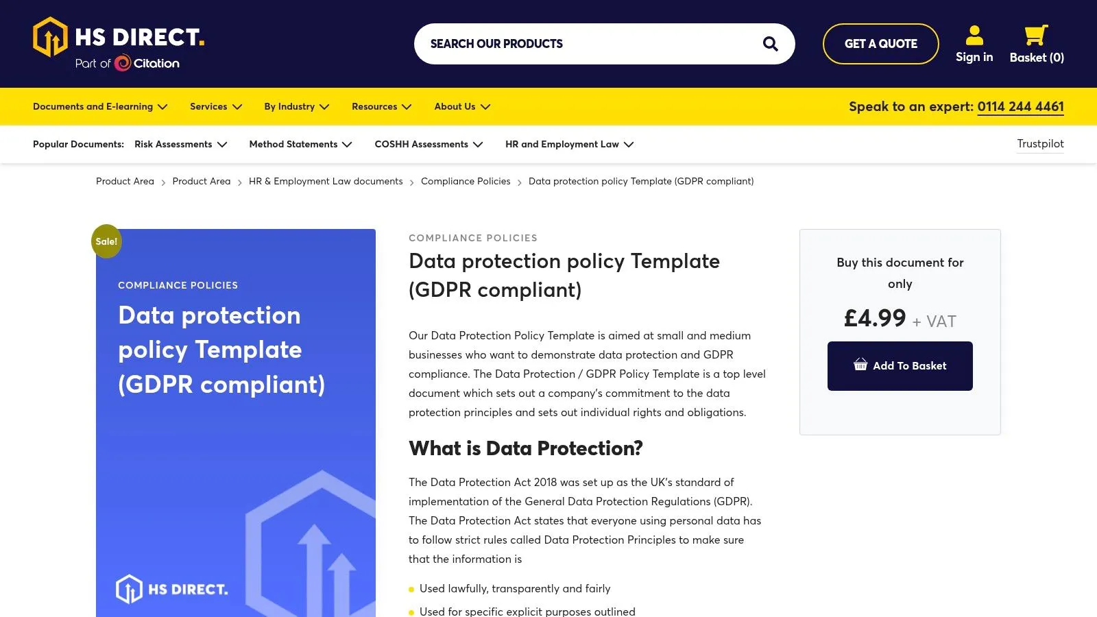 HS Direct's data protection policy template product page.