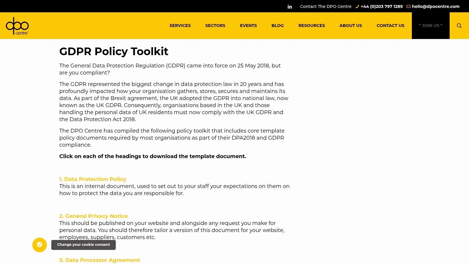 The DPO Centre's data protection policy template toolkit page.