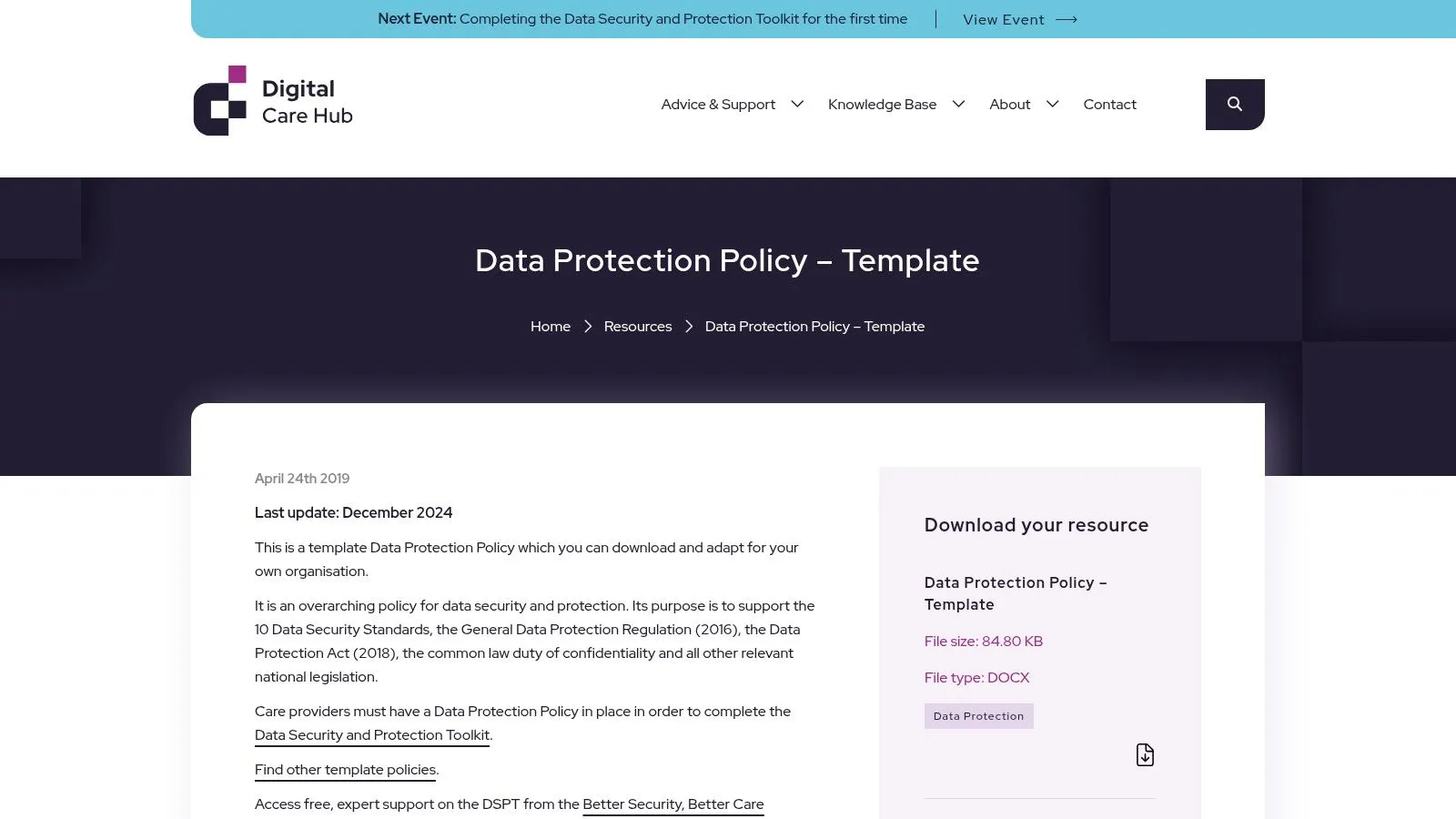Digital Care Hub's data protection policy template resource page.